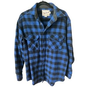 Woolrich Wool Flannel Shirt - Sz L - Blue & Black Buffalo Check